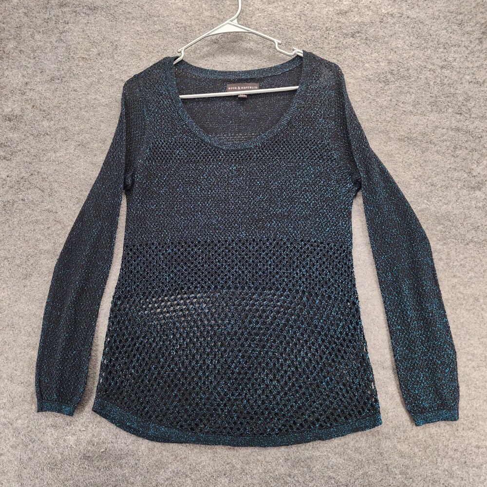 Rock Republic Shirt Womens Medium Long Sleeve Black Blue Sparkle Sheer